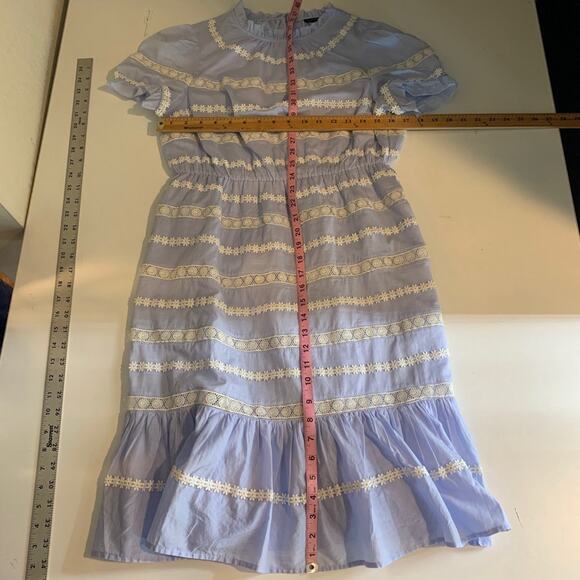 J Crew Dress Womens 6 Sky Blue White Cotton Puff Sleeve Daisy Chain Flounce Hem - Picture 6 of 12